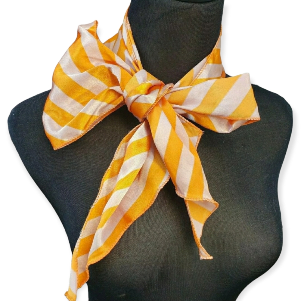 VINTAGE Silk Feel 70s MOD Orange Beige Striped Rectangle Scarf Look 6"x 57”
